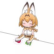 Rule 34 | 1girl, ^ ^, animal ear fluff, animal ears, animated, bad id, bad twitter id, blouse, bongo cat, bow, bowtie, brown hair, clenched hands, closed eyes, commentary, elbow gloves, extra ears, gloves, kemono friends, looping animation, medium hair, meme, multicolored hair, orange hair, print bow, print bowtie, print gloves, print neckwear, print skirt, serval (kemono friends), serval print, shirt, simple background, skirt, sleeveless, sleeveless shirt, smile, solo, taro (tontaro), traditional bowtie, twitter, video, white background, white shirt