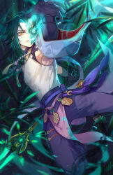 Rule 34 | 1boy, bamboo, bamboo forest, chinese clothes, forest, full body, genshin impact, gloves, highres, jewelry, male focus, nature, necklace, pearl necklace, polearm, shirt, short hair, solo, spear, tagme, tooaya, weapon, white shirt, xiao (genshin impact), yellow eyes