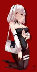 Rule 34 | 1girl, absurdres, adapted costume, azur lane, black leotard, breasts, brown pantyhose, detached sleeves, full body, highres, kneeling, large breasts, leotard, looking at viewer, medium hair, o-ring, o-ring leotard, pantyhose, red background, red eyes, simple background, sirius (azur lane), smoker fish, soles, solo, thigh strap, thighs, underboob, white hair