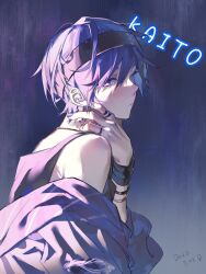 Rule 34 | 1boy, absurdres, bare shoulders, blue eyes, blue hair, blue nails, bracelet, character name, closed mouth, commentary, dark blue hair, dated, fingernails, headband, highres, jacket, jacket partially removed, jewelry, kaito (vocaloid), kazemi arashi, leo/need (project sekai), leo/need kaito, looking at viewer, male focus, official alternate costume, project sekai, ring, short hair, sideways glance, sleeveless, solo, tank top, tsunagu hoshi no uta (project sekai), upper body, vocaloid