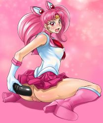 Rule 34 | 1990s (style), anal, anal object insertion, anus, bishoujo senshi sailor moon, blush, bottomless, breasts, censored, chibi usa, dildo, elbow gloves, gloves, highres, jewelry, kechin (oreteki18kin), object insertion, pink hair, pubic hair, pussy, red eyes, sailor chibi moon, tiara