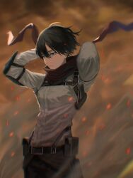 Rule 34 | 1girl, black hair, blue eyes, breasts, chest harness, closed mouth, cowboy shot, dust, embers, feet out of frame, floating clothes, from side, hair between eyes, harness, highres, kota 2kx, looking ahead, medium breasts, mikasa ackerman, outdoors, red scarf, scarf, serious, shingeki no kyojin, short hair, solo, three-dimensional maneuver gear, wind