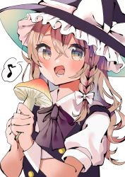 Rule 34 | 1girl, absurdres, black bow, black bowtie, black hat, black vest, blonde hair, bow, bowtie, braid, eighth note, grey eyes, hat, hat ribbon, highres, holding, holding mushroom, kirisame marisa, long hair, looking at viewer, lower teeth only, mushroom, musical note, open mouth, puffy short sleeves, puffy sleeves, ribbon, shirt, short sleeves, single braid, solo, spoken musical note, tamagogayu1998, teeth, touhou, upper body, vest, white ribbon, white shirt, witch hat