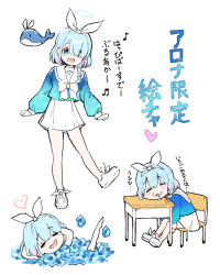 Rule 34 | 1girl, :d, arona (blue archive), blue archive, blue eyes, blue hair, blush, chibi, closed eyes, dress, drooling, gem, halo, heart, heart halo, highres, hoyhoy colo, long sleeves, looking at viewer, multiple views, open mouth, pleated skirt, ribbon, sailor collar, shirt, short hair, simple background, sitting, skirt, sleeping, smile, standing, whale, white background, white ribbon