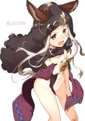 Rule 34 | 10s, 1girl, animal ears, blush, bottomless, brown eyes, cat ears, cloak, convenient censoring, covering privates, covering breasts, ears through headwear, flat chest, granblue fantasy, highres, hood, hooded cloak, leaning forward, long hair, looking at viewer, naitou ryuu, navel, open mouth, scathacha (granblue fantasy), silver hair, solo, twitter username, v-shaped eyebrows, white background