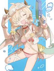 1girl absurdres bikini braid breasts dragon_girl dragon_horns dragon_tail dragon_wings goggles goggles_on_head hair_ribbon highres horns inori_(princess_connect!) open_mouth pink_bikini princess_connect! ribbon sandals scrunchie side-tie_bikini_bottom smile solo swimsuit tail twin_braids tyaui_(xjju4435) water_gun wings