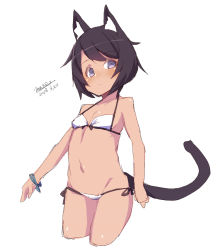 Rule 34 | 1girl, animal ears, bangle, bare arms, bare shoulders, bikini, blush, bracelet, breasts, brown hair, cat ears, cat girl, cat tail, closed mouth, collarbone, dated, groin, jewelry, looking at viewer, maze (gochama ze gohan), navel, original, purple eyes, short hair, side-tie bikini bottom, signature, simple background, sketch, small breasts, solo, swimsuit, tail, white background, white bikini