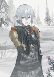Rule 34 | 1boy, :d, armor, blue eyes, breath, chainmail, chihuri, day, ear piercing, final fantasy, final fantasy xiv, flower, gloves, green gloves, grey hair, hand up, haurchefant greystone, highres, looking at viewer, male focus, open mouth, outdoors, overcast, pauldrons, piercing, pointy ears, purple flower, shoulder armor, sky, smile, snow, solo, tree