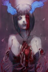 Rule 34 | 1girl, absurdres, bare shoulders, black dress, black hair, blood, blood on face, blood on clothes, blood on hands, blue eyes, breasts, character request, collarbone, commentary request, dissolving, dress, guro, head tilt, heart, heart (organ), highres, holding, holding heart, large breasts, looking at viewer, momomo (user xnfy4284), parted lips, short hair with long locks, solo, yokuoni
