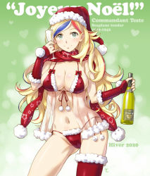 Rule 34 | 1girl, alcohol, alternate costume, aqua eyes, bikini, blonde hair, blue hair, bottle, breasts, bridal gauntlets, champagne, character name, christmas, cleavage, commandant teste (kancolle), commentary request, contrapposto, covered erect nipples, french text, fur-trimmed bikini, fur-trimmed headwear, fur-trimmed legwear, fur trim, green background, hat, kantai collection, large breasts, long hair, looking at viewer, multicolored hair, pom pom (clothes), ponytail, red bikini, red hair, red hat, red scarf, red thighhighs, sameha ikuya, santa bikini, santa hat, scarf, side-tie bikini bottom, single thighhigh, solo, standing, streaked hair, swimsuit, thighhighs, wavy hair, white hair