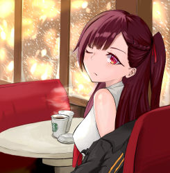 Rule 34 | 1girl, absurdres, black jacket, braid, breasts, closed mouth, clothes pull, coffee cup, cup, disposable cup, french braid, girls&#039; frontline, hair ornament, hairclip, highres, jacket, jacket pull, long hair, looking at viewer, one eye closed, ponytail, priest77, purple hair, red eyes, red ribbon, ribbon, shirt, simple background, sitting, snowflakes, solo, table, wa2000 (girls&#039; frontline), white shirt, window