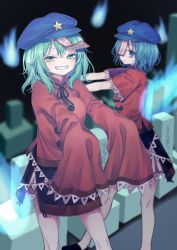 Rule 34 | 2girls, :o, black footwear, black ribbon, black skirt, blue hair, blue headwear, blurry, blurry background, breasts, commentary request, cosplay, cowboy shot, foot out of frame, green eyes, green hair, half-closed eyes, halloween, highres, hitodama, komeiji koishi, long sleeves, looking at another, looking at viewer, medium breasts, medium hair, miyako yoshika, miyako yoshika (cosplay), multiple girls, neck ribbon, ofuda, outstretched arms, red shirt, ribbon, rnkgmn, shirt, short hair, skirt, sleeves past wrists, small breasts, standing, star (symbol), thighs, tombstone, touhou, zombie pose