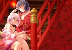 Rule 34 | 2boys, blue hair, blunt bangs, blush, brown eyes, candle, collarbone, floral print, grey eyes, hair ornament, hair rings, half-closed eyes, highres, hikimayu, holding, japanese clothes, kimono, locon, long sleeves, looking at viewer, male focus, multiple boys, nipples, off shoulder, open clothes, original, pink hair, shiroizumi (locon), short hair, stairs, sumizome (locon), trap, twintails, undressing