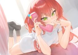 Rule 34 | 1girl, antique phone, ass, bed, black socks, blush, bocchi the rock!, breasts, commentary, cube hair ornament, feet up, fingerless gloves, full body, gloves, green eyes, grin, hair ornament, hashtag only commentary, highres, holding, holding phone, hymin, indoors, kita ikuyo, long hair, long shirt, looking at viewer, lying, medium breasts, no shoes, on bed, on stomach, phone, red eyes, shirt, smile, socks, solo, symbol-only commentary, talking on phone, the pose, white shirt
