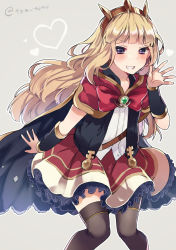 Rule 34 | &gt;:), 10s, 1girl, bad id, bad tumblr id, black thighhighs, blonde hair, blush, bow, bowtie, brooch, cagliostro (granblue fantasy), cape, cowboy shot, crown, granblue fantasy, grin, hairband, ikeuchi tanuma, jewelry, long hair, looking at viewer, petticoat, purple eyes, red bow, red bowtie, red skirt, shirt, skirt, smile, solo, thighhighs, twitter username, v-shaped eyebrows