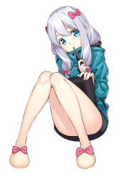 Rule 34 | 10s, 1girl, blue eyes, blush, bow, convenient censoring, drawing tablet, eromanga sensei, hair bow, izumi sagiri, jacket, knees together feet apart, long hair, looking at viewer, open mouth, pink bow, silver hair, simple background, sitting, slippers, solo, stylus, unowen, white background