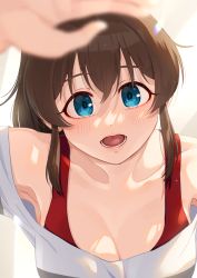 Rule 34 | 1girl, armpits, bare shoulders, blue eyes, blurry, breasts, brown hair, cleavage, collarbone, commentary request, depth of field, hand on another&#039;s head, idolmaster, idolmaster million live!, idolmaster million live! theater days, kamille (vcx68), light blush, long hair, looking at viewer, medium breasts, open mouth, ponytail, pov, satake minako, shirt, solo, striped clothes, striped shirt, tank top, upper body
