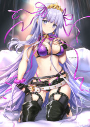 Rule 34 | 1girl, bare shoulders, bb (fate), bb (fate) (all), bb (swimsuit mooncancer) (fate), bb (swimsuit mooncancer) (second ascension) (fate), bead bracelet, beads, belt, bikini, black gloves, black shorts, black thighhighs, blush, bracelet, breasts, cleavage, closed mouth, collarbone, earrings, fate/grand order, fate (series), fingerless gloves, frown, garter belt, garter straps, gloves, hair ornament, hair ribbon, hairband, hand on own chest, jewelry, kneeling, large breasts, long hair, looking at viewer, micro shorts, navel, purple bikini, purple eyes, purple hair, ribbon, short shorts, shorts, smile, star (symbol), star earrings, star hair ornament, swimsuit, thighhighs, tyone, very long hair, white belt