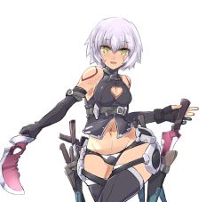 Rule 34 | 1girl, bandaged arm, bandages, bare shoulders, black panties, black thighhighs, blush, breasts, cleavage, cleavage cutout, clothing cutout, depo (typebaby505), fate/apocrypha, fate/grand order, fate (series), fingerless gloves, gloves, green eyes, highres, jack the ripper (fate/apocrypha), looking at viewer, navel, panties, scar, short hair, silver hair, smile, solo, thighhighs, underwear, weapon, wide hips