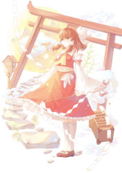 Rule 34 | 1girl, :o, absurdres, ascot, bow, bowtie, box, brown eyes, brown hair, cloud, detached sleeves, donation box, floating, floating object, flower, frilled skirt, frilled sleeves, frills, full body, full moon, gohei, hair bow, hair tubes, hakurei reimu, half updo, highres, kneehighs, lily (flower), long skirt, mary janes, moon, nontraditional miko, ofuda, plant, red skirt, ribbon, rock, rope, shoes, shokujin hatefukuchuu, short hair, skirt, skirt set, socks, solo, standing, torii, touhou, white background, white socks, wide sleeves