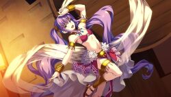 Rule 34 | 1girl, alice liddell millar (silverio trinity), anklet, arm up, armlet, bare shoulders, bikini, bikini top only, bracelet, dancer, dancing, game cg, gold collar, hair ornament, jewelry, long hair, navel, necklace, official art, open mouth, pelvic curtain, purple hair, sandals, see-through, see-through shawl, shawl, silverio trinity, smile, solo, swimsuit, thighhighs, twintails, yellow eyes