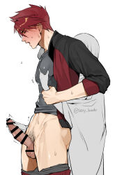 Rule 34 | 2boys, bar censor, black jacket, blush, censored, closed eyes, clothes pull, erection, grabbing, grabbing from behind, grey male underwear, grey shirt, jacket, male focus, male pubic hair, male underwear, male underwear pull, multicolored clothes, multicolored jacket, multiple boys, ookanehira (touken ranbu), open clothes, open jacket, open mouth, pants, pants pull, pectoral grab, penis, pubic hair, red hair, red jacket, red pants, sexy kaido, shirt, short hair, sweat, testicles, touken ranbu, twitter username, two-tone jacket, underwear, yaoi