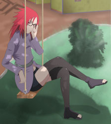 Rule 34 | 1girl, black shorts, feet, female focus, full body, glasses, highres, karin (naruto), looking at viewer, naruto (series), naruto shippuuden, outdoors, red eyes, red hair, short shorts, shorts, solo, stiky finkaz, swing, thighhighs