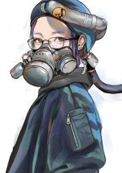 Rule 34 | 1girl, absurdres, artist name, beret, brown eyes, eyebrows, forehead, from side, gas mask, gauge, glasses, hat, highres, jacket, junjunforever, looking at viewer, mask, purple hair, shadow, short hair, simple background, solo, text focus, white background, zipper