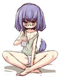Rule 34 | 1girl, animal ears, barefoot, blush, cameltoe, can, collarbone, dog ears, dog tail, drink, female focus, flat chest, full body, glasses, green shirt, hand up, holding, indian style, looking at viewer, mutoo, off shoulder, open mouth, orange eyes, original, panties, purple hair, shirt, short hair, simple background, sitting, sleeveless, sleeveless shirt, solo, spread legs, tail, underwear, white background, white panties
