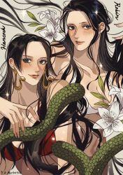 2girls bikini black_hair blue_eyes blush boa_hancock character_name commentary earrings flower highres jewelry lily_(flower) long_hair looking_at_viewer multiple_girls nico_robin one_piece red_bikini rihirihi613 smile snake snake_earrings swimsuit twitter_username white_bikini