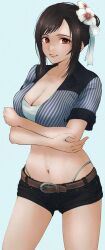 Rule 34 | absurdres, belt, belt buckle, breasts, buckle, cleavage, collarbone, cowboy shot, crop top, crossed arms, denim, denim shorts, final fantasy, final fantasy vii, final fantasy vii rebirth, final fantasy vii remake, flower, hair flower, hair ornament, highleg, highleg panties, highres, large breasts, long hair, looking at viewer, midriff, navel, official alternate costume, official alternate hairstyle, panties, panty straps, parted lips, pulupulupoodle, red eyes, shirt, short shorts, shorts, sidelocks, smile, stomach, striped clothes, striped shirt, swept bangs, tifa lockhart, tifa lockhart (majestic glamour), underwear, vertical-striped clothes, vertical-striped shirt