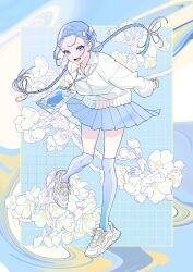 Rule 34 | 1girl, absurdres, blue background, blue eyes, blue hair, blue skirt, blue socks, blue theme, braid, cardigan, collared shirt, fang, floating clothes, floating hair, floral background, full body, hair ornament, hair ribbon, hairclip, haruno taku, highres, leaning forward, long hair, long sleeves, looking at viewer, low twintails, open mouth, original, outside border, over-kneehighs, pigeon-toed, puffy long sleeves, puffy sleeves, ribbon, school uniform, shirt, shoes, skirt, smile, sneakers, socks, solo, standing, standing on one leg, stuffed animal, stuffed rabbit, stuffed toy, thighhighs, tress ribbon, twin braids, twintails, very long hair, white cardigan, white footwear, white shirt