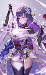Rule 34 | 1girl, absurdres, bare shoulders, braid, breasts, bridal gauntlets, cleavage, electricity, genshin impact, hair ornament, highres, human scabbard, jademoon, japanese clothes, katana, kimono, large breasts, long hair, long sleeves, looking at viewer, low-braided long hair, low-tied long hair, mole, mole under eye, obi, off shoulder, purple eyes, purple hair, purple kimono, purple thighhighs, raiden shogun, sash, shrug (clothing), solo, sword, thighhighs, thighs, weapon, wide sleeves