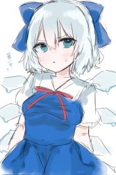 Rule 34 | 1girl, arms behind back, blue bow, blue dress, blue eyes, blush, bow, cirno, dress, hair between eyes, hair bow, highres, ice, ice wings, looking at viewer, nano (nazuna0512), puffy sleeves, ribbon, short hair, short sleeves, simple background, sketch, solo, touhou, triangle mouth, white background, wings