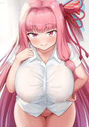Rule 34 | 1girl, absurdres, blunt bangs, blush, bottomless, breasts, closed mouth, collared shirt, commentary request, cowboy shot, hair intakes, hair ribbon, highres, huge breasts, kotonoha akane, large breasts, leaning forward, long hair, looking at viewer, pink eyes, pink hair, pink ribbon, ribbon, see-through, see-through shirt, shirt, sidelocks, sinzen, smile, solo, very long hair, voiceroid, white shirt