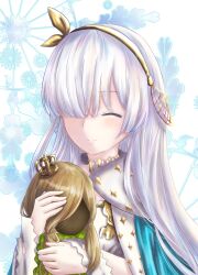 Rule 34 | 1girl, anastasia (fate), blue cloak, blue eyes, brown hair, cloak, closed eyes, closed mouth, commentary request, crown, doll, dress, facing viewer, fate/grand order, fate (series), hair ornament, hair over one eye, hairband, highres, holding, holding doll, jewelry, long hair, long sleeves, looking at viewer, mini crown, pendant, royal robe, smile, solo, star (symbol), upper body, very long hair, viy (fate), white background, white hair, yellow hairband, yuka17