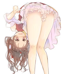 Rule 34 | 1girl, ass, bad id, bad pixiv id, bare legs, bent over, bloomers, blush, bow, brown eyes, brown hair, commentary request, d:, detached sleeves, embarrassed, forehead, frills, hair bow, hair tubes, hakurei reimu, highres, kisaragi yuri, kneepits, leaning forward, legs, looking at viewer, open mouth, red bow, simple background, solo, standing, thighs, touhou, underwear, wavy hair, white background