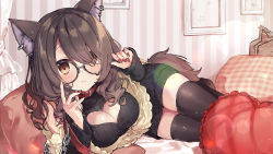 Rule 34 | 1girl, alternate costume, animal ears, bed, black thighhighs, breasts, brown eyes, brown hair, cleavage, cleavage cutout, clothing cutout, commentary request, fingernails, glasses, highres, light up, lying, medium hair, on side, pillow, solo, teardrop-framed glasses, thighhighs, virtual youtuber, yumesaki nana, yuzuki uru