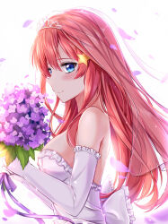 Rule 34 | 1girl, bare shoulders, blue eyes, blush, bouquet, breasts, bridal veil, cleavage, collarbone, commentary, dress, elbow gloves, falling petals, flower, gloves, go-toubun no hanayome, hair between eyes, hair ornament, holding, holding bouquet, incoming food, large breasts, long hair, looking at viewer, looking to the side, muwa12, nakano itsuki, petals, purple flower, red hair, simple background, smile, star (symbol), star hair ornament, strapless, strapless dress, tiara, veil, wedding dress, white dress, white gloves