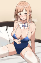 Rule 34 | 1girl, :d, areola slip, armpit crease, bare arms, bare shoulders, blue one-piece swimsuit, bow, bowtie, breasts, breath, brown eyes, cleavage, clothes pull, competition swimsuit, covered navel, highres, holding, idolmaster, idolmaster shiny colors, indoors, large breasts, light brown hair, looking at viewer, on bed, one-piece swimsuit, one-piece swimsuit pull, open mouth, parted lips, pillow, pulling own clothes, sakuragi mano, sitting, smile, solo, spread legs, swept bangs, swimsuit, thighhighs, white bow, white bowtie, white thighhighs, za yu a