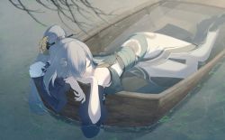 Rule 34 | 1girl, absurdres, blue hair, boat, china dress, chinese clothes, clothing cutout, dress, eyelashes, closed eyes, from above, fu hua, fu hua (azure empyrea), hair ornament, hair over one eye, hairpin, highres, honkai (series), honkai impact 3rd, long hair, lying, outdoors, partially submerged, pleated sleeves, ponytail, rafaelaaa, shoulder cutout, sleeping, solo, water, watercraft