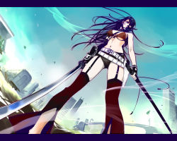 Rule 34 | 1girl, bare shoulders, belt, bikini, bikini top only, black hair, building, choker, dutch angle, fingerless gloves, foreshortening, from below, garter straps, gauntlets, gloves, katana, letterboxed, long hair, looking at viewer, midriff, navel, original, outdoors, perspective, scabbard, sheath, short shorts, shorts, solo, standing, swimsuit, sword, thigh gap, thighs, umino (umino midori), umino (uminomidori), weapon
