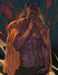 Rule 34 | 1thousand9, abs, absurdres, bara, beads, black hair, blazer, braid, cigarette, collarbone, dark-skinned male, dark skin, hair beads, hair bun, hair ornament, hand in pocket, highres, jacket, jacket on shoulders, looking at viewer, male pubic hair, muscular, muscular male, no shirt, one eye closed, open pants, original, pants, pectorals, pubic hair, pubic hair peek, scar, short hair, smoking, yellow jacket
