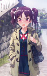 Rule 34 | 1girl, bag, blush, coat, commentary, cowboy shot, dated, hair ribbon, hand in pocket, kazuno leah, love live!, love live! sunshine!!, open mouth, outdoors, pantyhose, purple eyes, purple hair, ribbon, road, school bag, school uniform, seisen school uniform, shamakho, signature, solo, twintails, two side up, white ribbon, winter clothes, winter coat, winter uniform