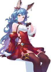 Rule 34 | 1girl, animal ears, arm support, bare shoulders, blue hair, blush, bow, breasts, brown eyes, brown gloves, brown thighhighs, christmas, closed mouth, commentary request, detached sleeves, dress, ear piercing, erune, feet out of frame, ferry (granblue fantasy), ferry (santa minidress) (granblue fantasy), fur-trimmed sleeves, fur trim, gloves, gradient hair, granblue fantasy, hair between eyes, hair bow, hand up, juliet sleeves, long hair, long sleeves, looking at viewer, multicolored hair, piercing, puffy sleeves, purple hair, red dress, red sleeves, shadow, sitting, sleeveless, sleeveless dress, sleeves past wrists, small breasts, smile, solo, striped, striped bow, thighhighs, very long hair, wasabi60, wavy hair, white background, wide sleeves