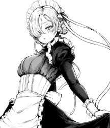 Rule 34 | 1girl, apron, azur lane, blush, braid, breasts, dress, frilled apron, frills, greyscale, hair over one eye, hair ribbon, haruyukiko, highres, juliet sleeves, large breasts, long sleeves, maid, maid headdress, monochrome, parted lips, puffy sleeves, ribbon, sheffield (azur lane), short hair, sideways glance, simple background, skirt hold, solo, white background