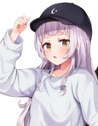 Rule 34 | 1girl, alternate costume, baseball cap, black hat, blunt bangs, brown eyes, casual, green eyes, hand up, hat, highres, hololive, long hair, long sleeves, looking at viewer, multicolored eyes, murasaki shion, parted lips, purple hair, racchi., simple background, solo, sweater, virtual youtuber, white background, white sweater
