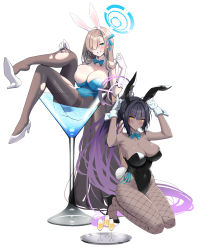 Rule 34 | 2girls, absurdly long hair, absurdres, alcohol, animal ears, aqua bow, aqua bowtie, arm tattoo, asuna (blue archive), asuna (bunny) (blue archive), bare shoulders, black hair, black leotard, blue archive, blue eyes, blue ribbon, blush, bow, bowtie, breasts, brown hair, brown legwear, champagne, cleavage, clenched teeth, closed mouth, collarbone, commentary, covered navel, cup, dark-skinned female, dark skin, detached collar, drinking glass, dutch angle, elbow gloves, fake animal ears, fishnet legwear, fishnets, gloves, gradient hair, groin, hair over one eye, hair ribbon, halo, hands up, highres, karin (blue archive), karin (bunny) (blue archive), kneeling, large breasts, leotard, long hair, looking at viewer, looking to the side, multicolored hair, multiple girls, number tattoo, one breast out, otakummm, pantyhose, playboy bunny, ponytail, purple hair, rabbit ears, rabbit tail, ribbon, shoe dangle, sidelocks, simple background, smile, symbol-only commentary, tail, tattoo, teeth, torn clothes, torn legwear, traditional bowtie, v-shaped eyebrows, very long hair, white background, white gloves, wrist cuffs, yellow eyes