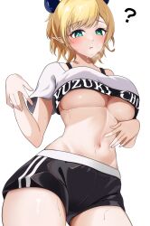 Rule 34 | 1girl, ?, absurdres, alternate costume, black horns, black shorts, blonde hair, blush, breasts, contrapposto, cowboy shot, cropped shirt, demon horns, green eyes, heavy breathing, highres, hololive, horns, large breasts, looking at viewer, navel, open mouth, oz1n, pointy ears, shirt, short hair, short shorts, short sleeves, shorts, simple background, solo, sweat, thick thighs, thighs, underboob, virtual youtuber, white background, white shirt, yuzuki choco