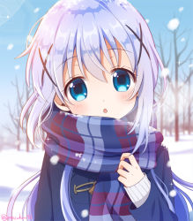 Rule 34 | 1girl, :o, bare tree, blue eyes, coat, commentary, day, gochuumon wa usagi desu ka?, hair between eyes, hair ornament, head tilt, kafuu chino, light purple hair, long hair, looking at viewer, mozukun43, outdoors, plaid, plaid scarf, scarf, snow, snowing, solo, symbol-only commentary, tree, twitter username, upper body, winter, winter clothes, x hair ornament